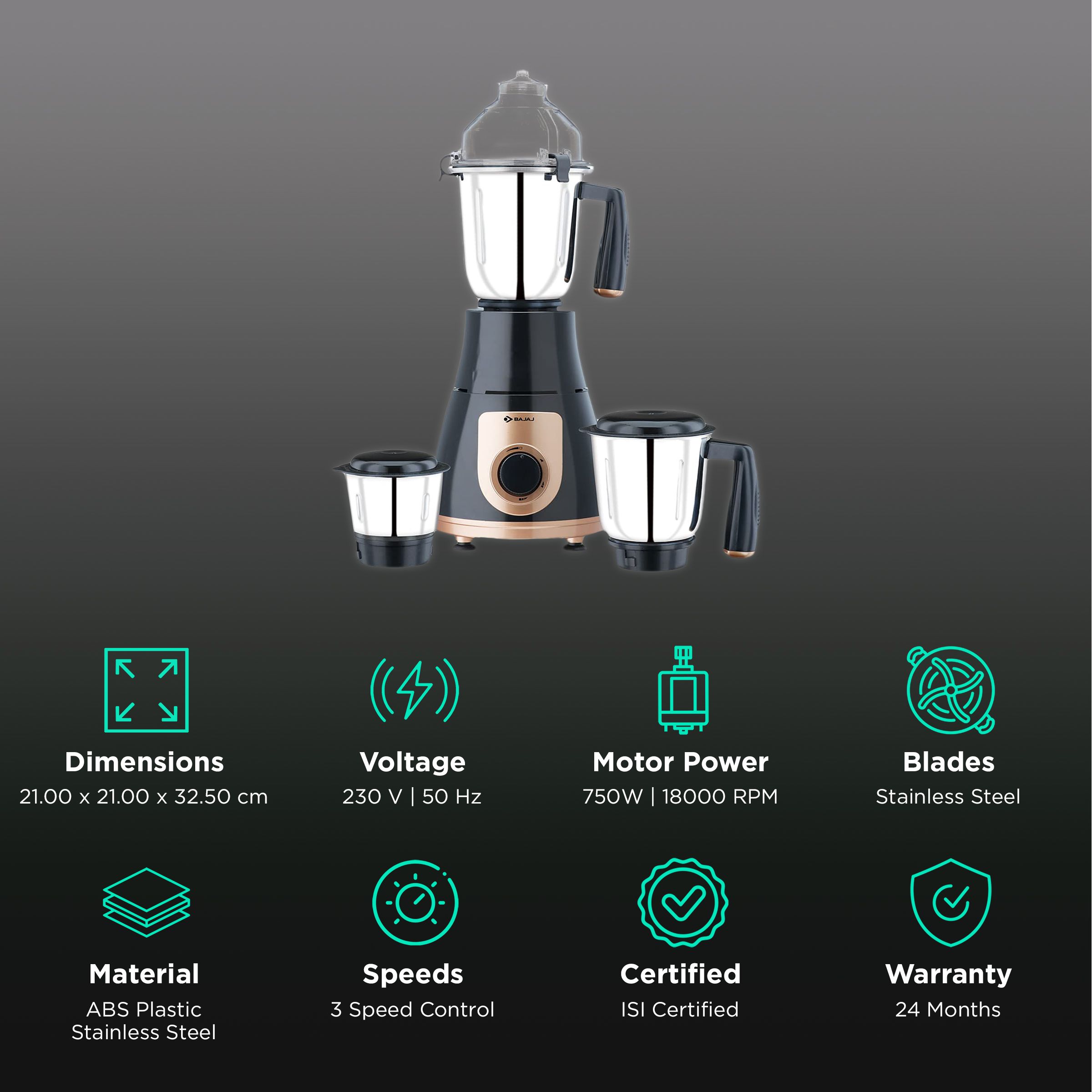 Buy Bajaj GX 3701 750 Watt 3 Jars Mixer Grinder (18000 RPM, Nutri